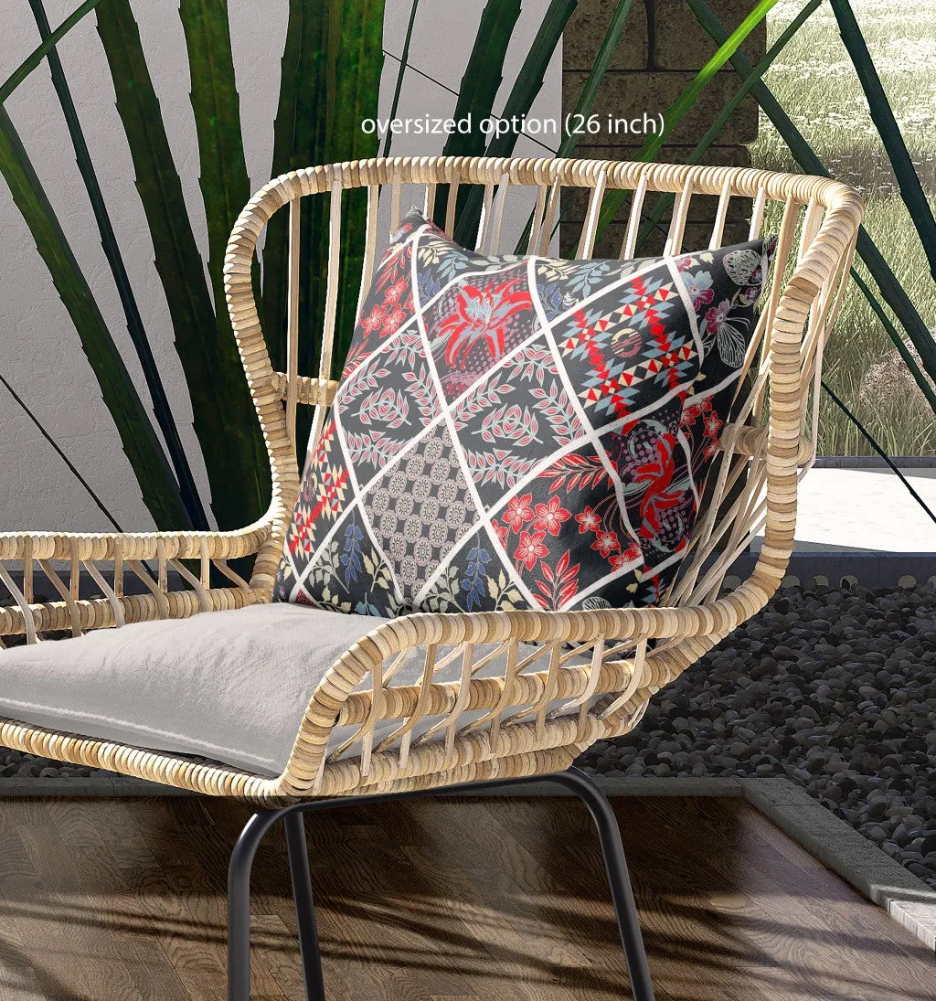 16” Black Red Patch Indoor Outdoor Throw Pillow