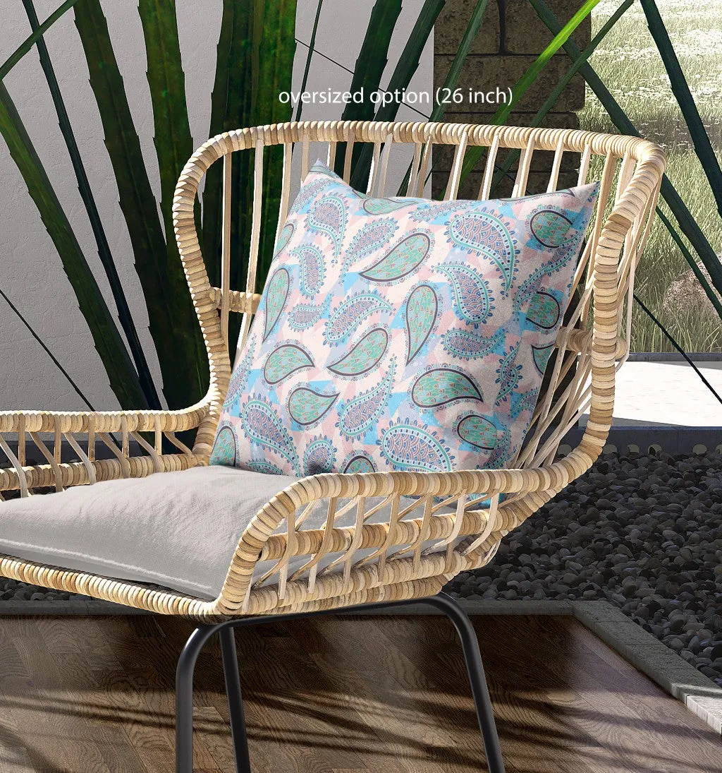 16” Blue Green Boho Paisley Indoor Outdoor Throw Pillow