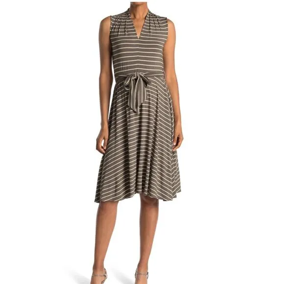 190. Calvin Klein Striped Midi Dress Green White Size 4 V-Neck Tie Waist