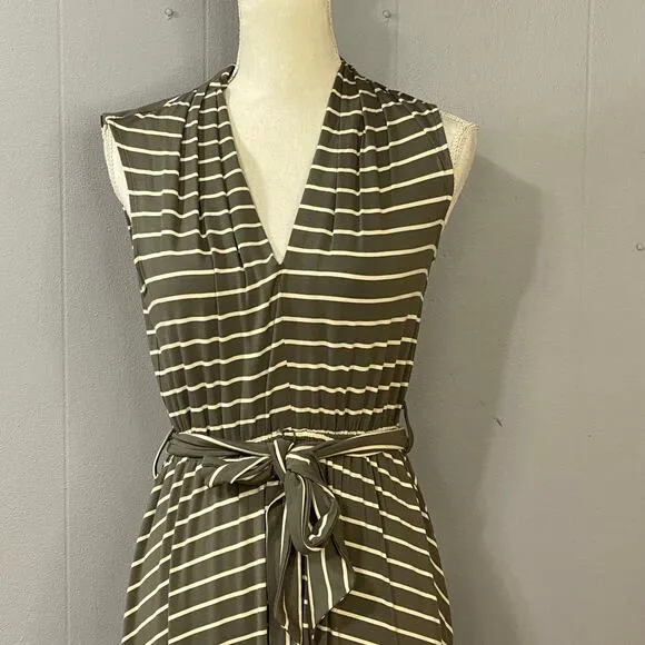 190. Calvin Klein Striped Midi Dress Green White Size 4 V-Neck Tie Waist