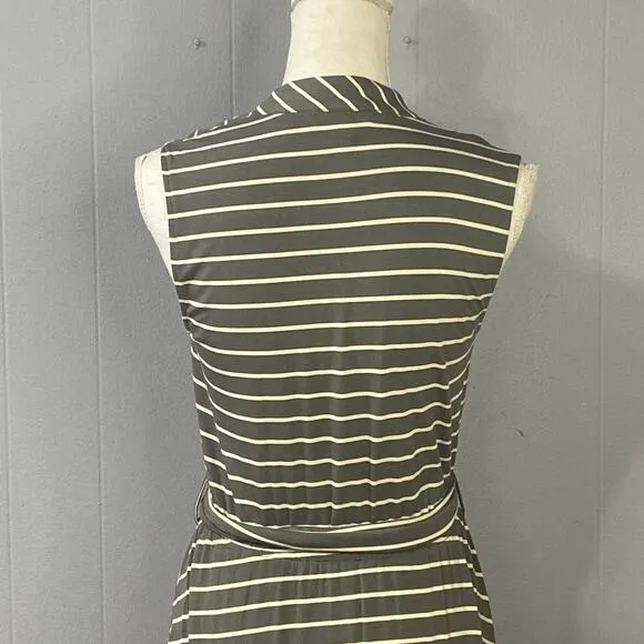 190. Calvin Klein Striped Midi Dress Green White Size 4 V-Neck Tie Waist