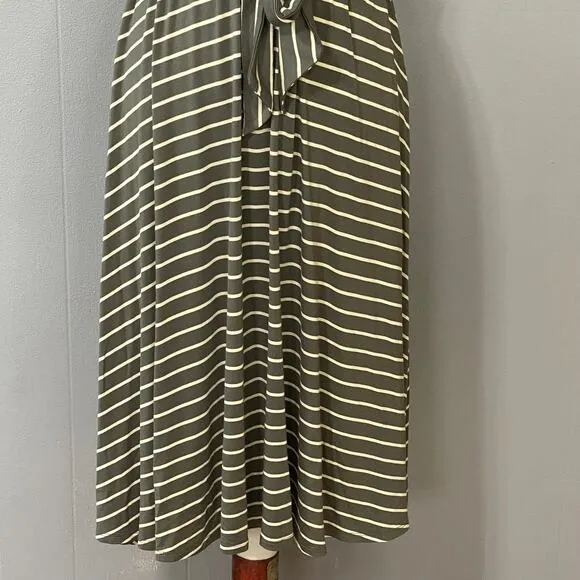 190. Calvin Klein Striped Midi Dress Green White Size 4 V-Neck Tie Waist