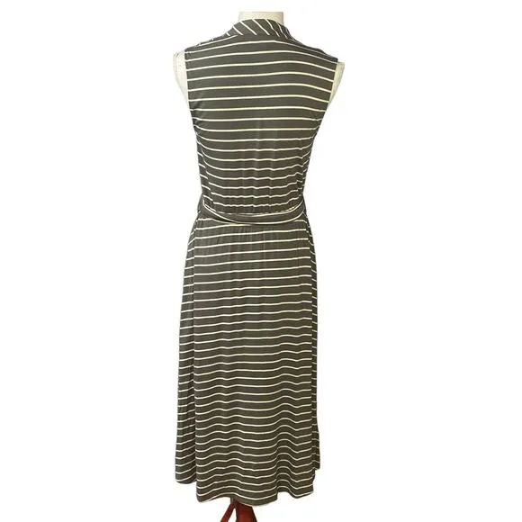 190. Calvin Klein Striped Midi Dress Green White Size 4 V-Neck Tie Waist