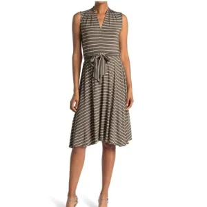190. Calvin Klein Striped Midi Dress Green White Size 4 V-Neck Tie Waist
