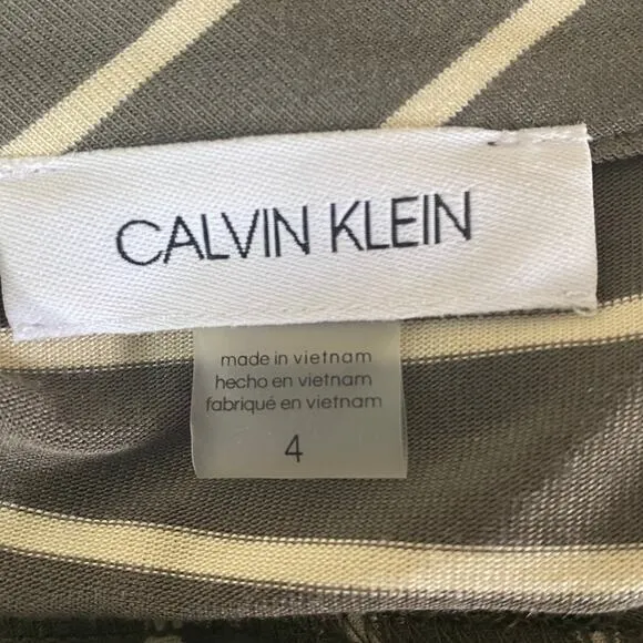 190. Calvin Klein Striped Midi Dress Green White Size 4 V-Neck Tie Waist