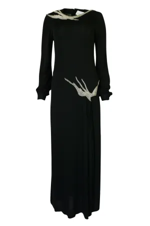 1970s John Anthony Demi-Couture Black Silk Jersey Dress w Hand Beaded Birds