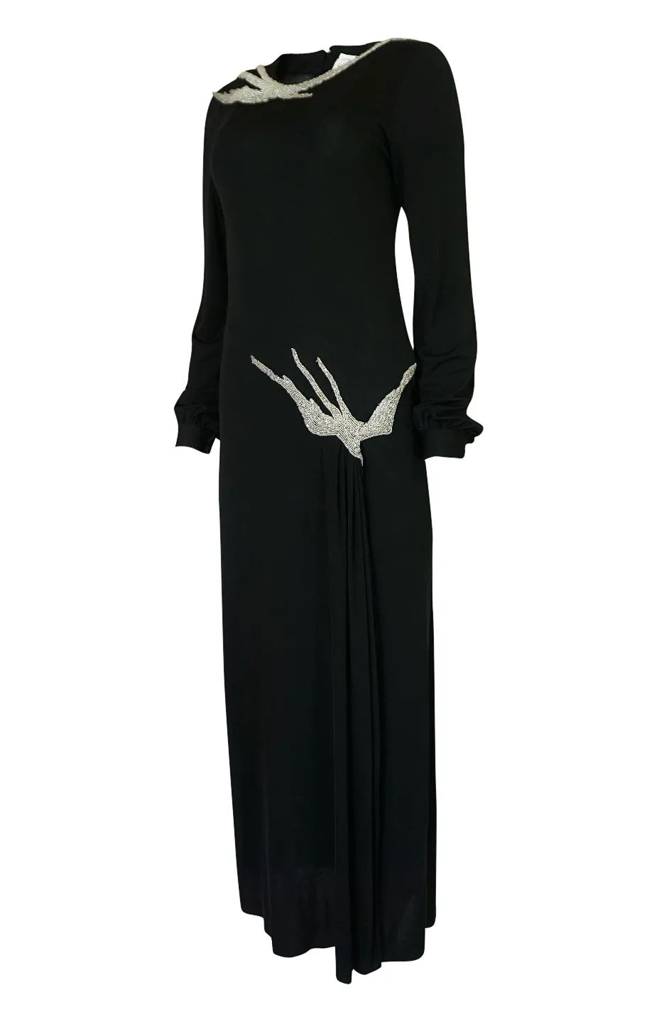 1970s John Anthony Demi-Couture Black Silk Jersey Dress w Hand Beaded Birds