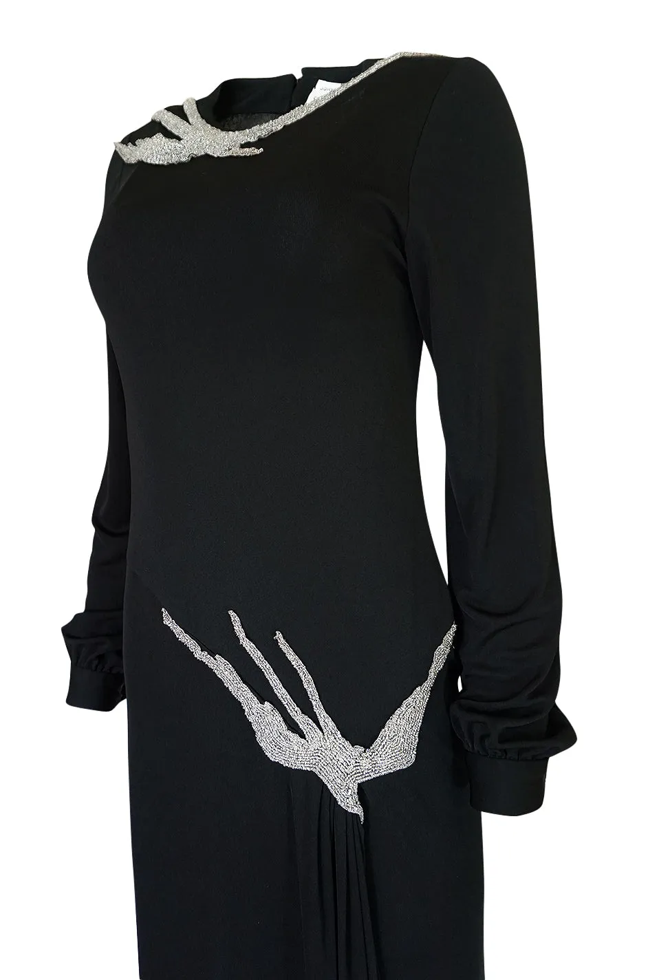 1970s John Anthony Demi-Couture Black Silk Jersey Dress w Hand Beaded Birds