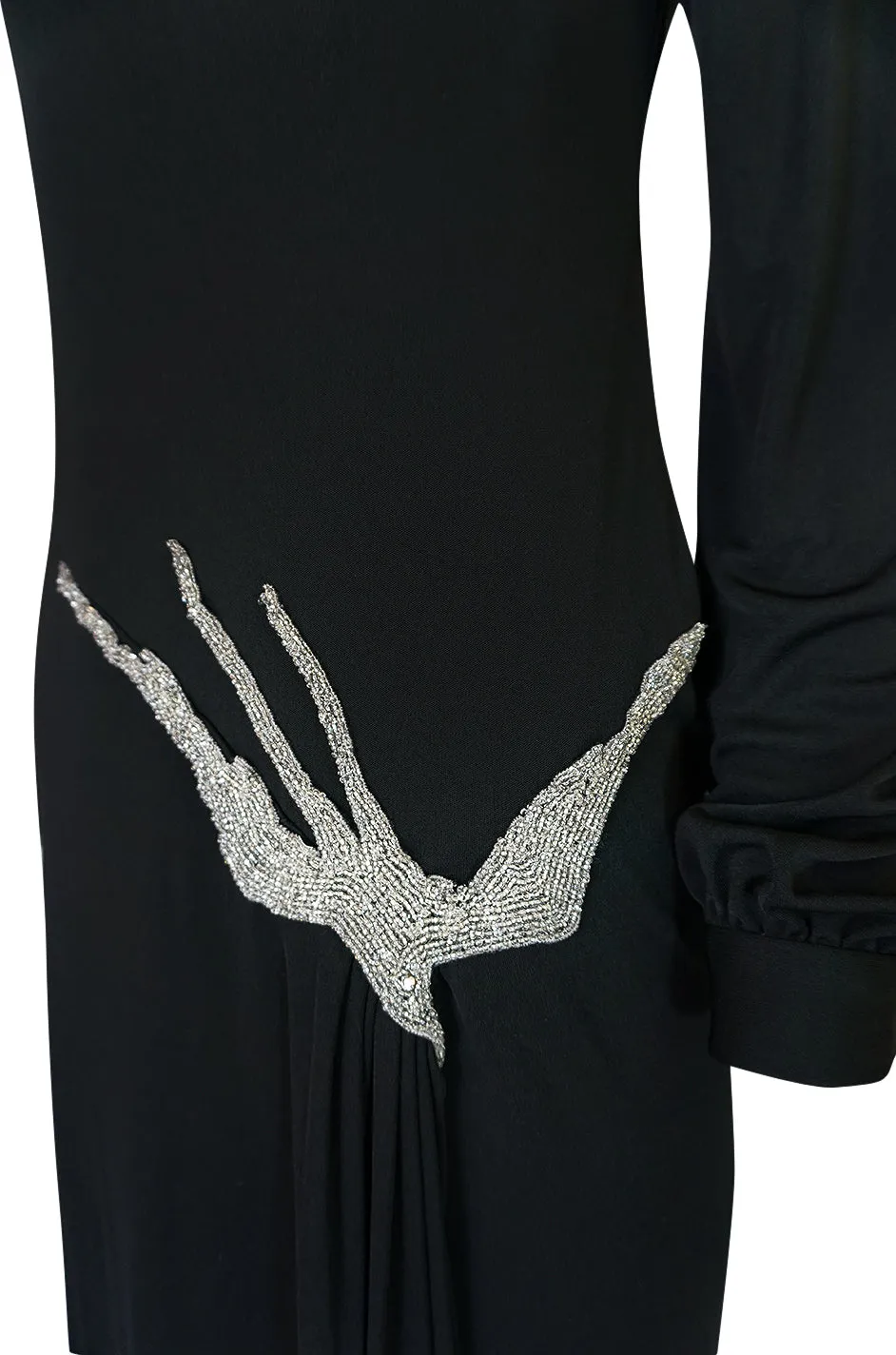 1970s John Anthony Demi-Couture Black Silk Jersey Dress w Hand Beaded Birds