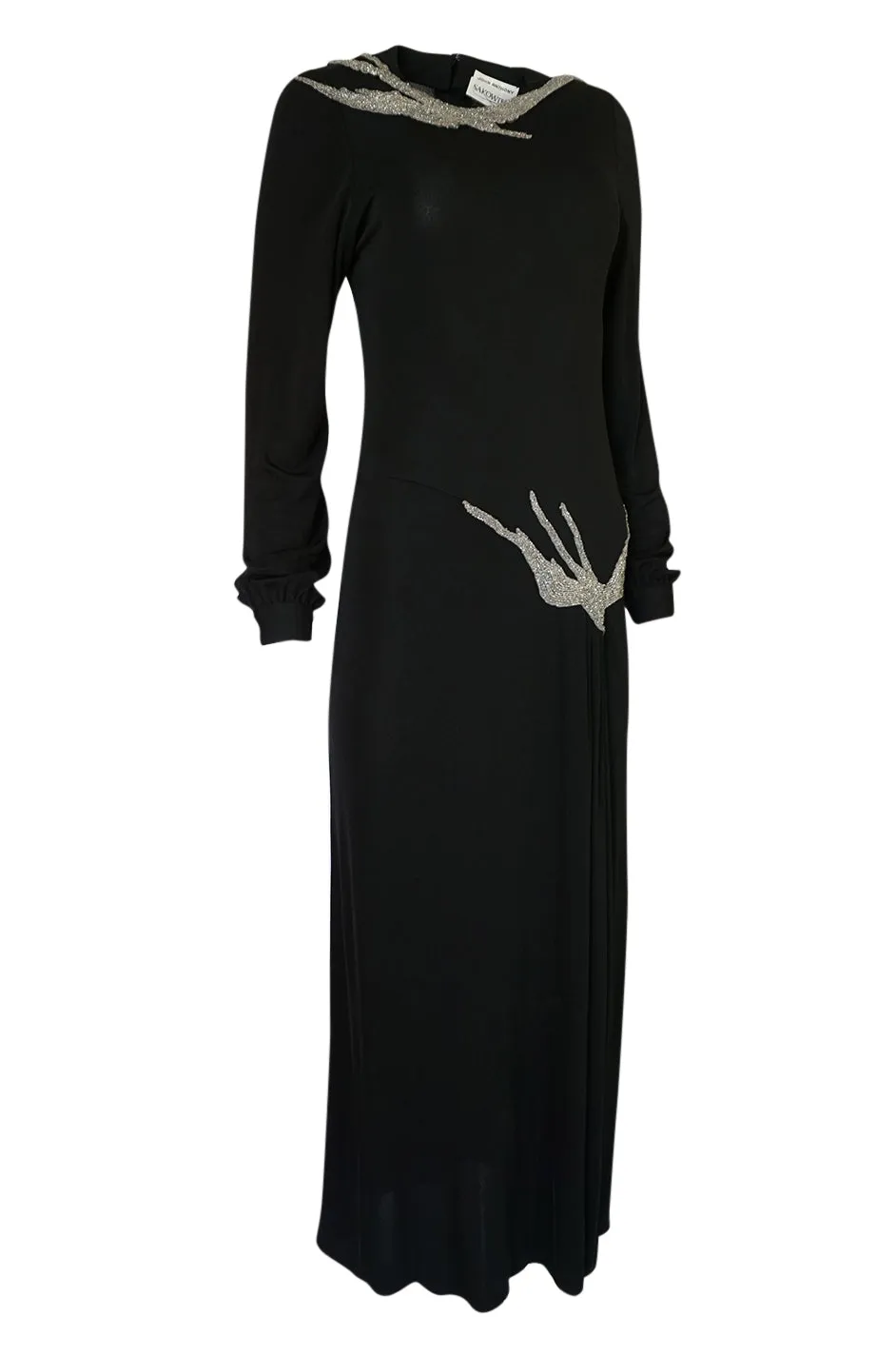 1970s John Anthony Demi-Couture Black Silk Jersey Dress w Hand Beaded Birds