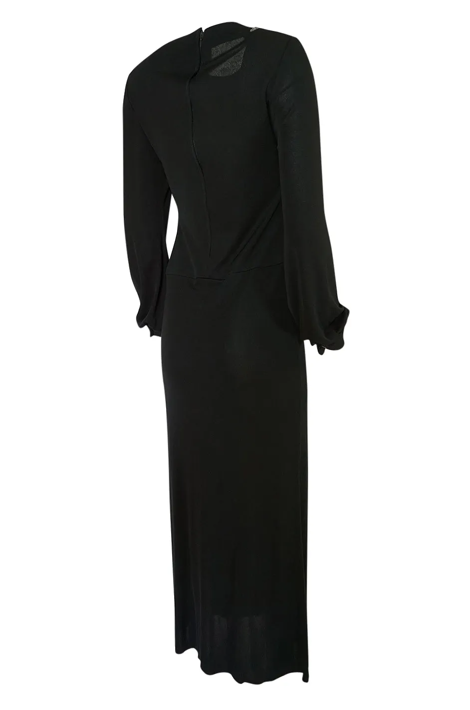 1970s John Anthony Demi-Couture Black Silk Jersey Dress w Hand Beaded Birds