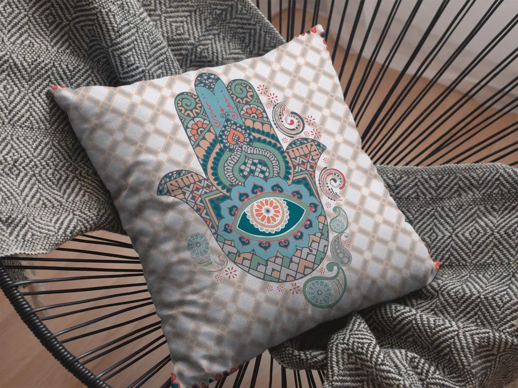 20” Blue Gray Hamsa Indoor Outdoor Throw Pillow