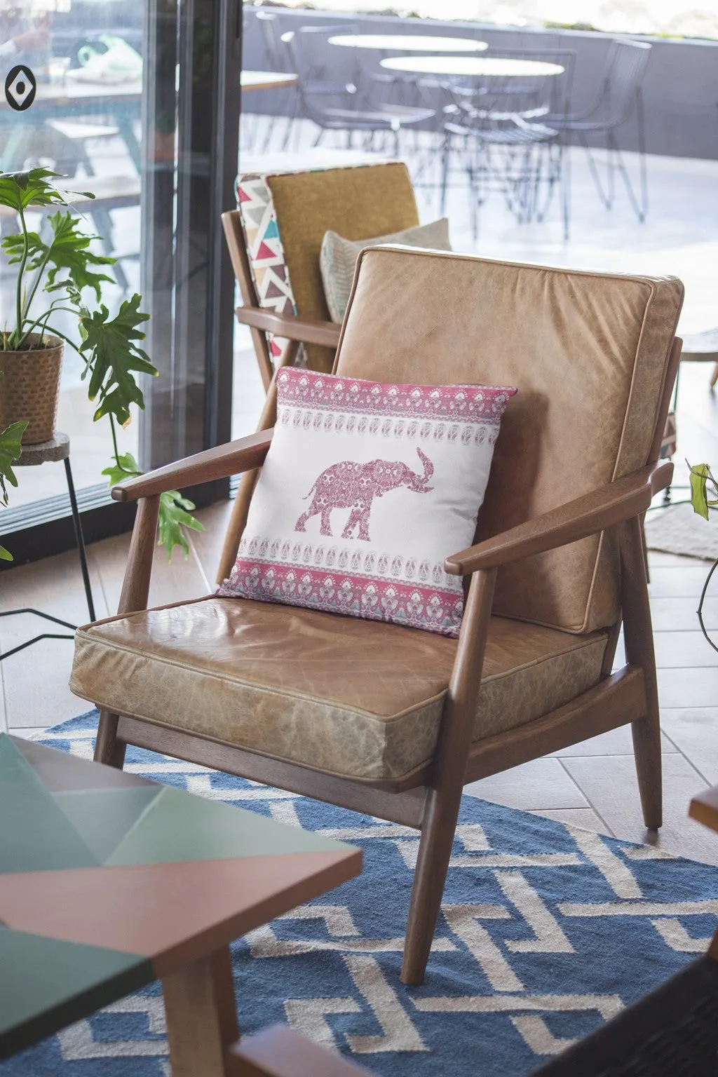 20” Red White Ornate Elephant Indoor Outdoor Throw Pillow