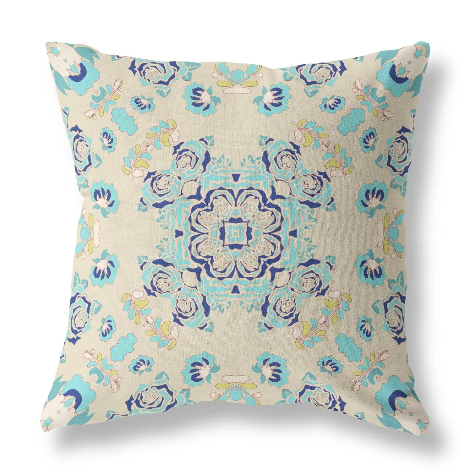 26” Blue Beige Wreath Indoor Outdoor Zippered Throw Pillow