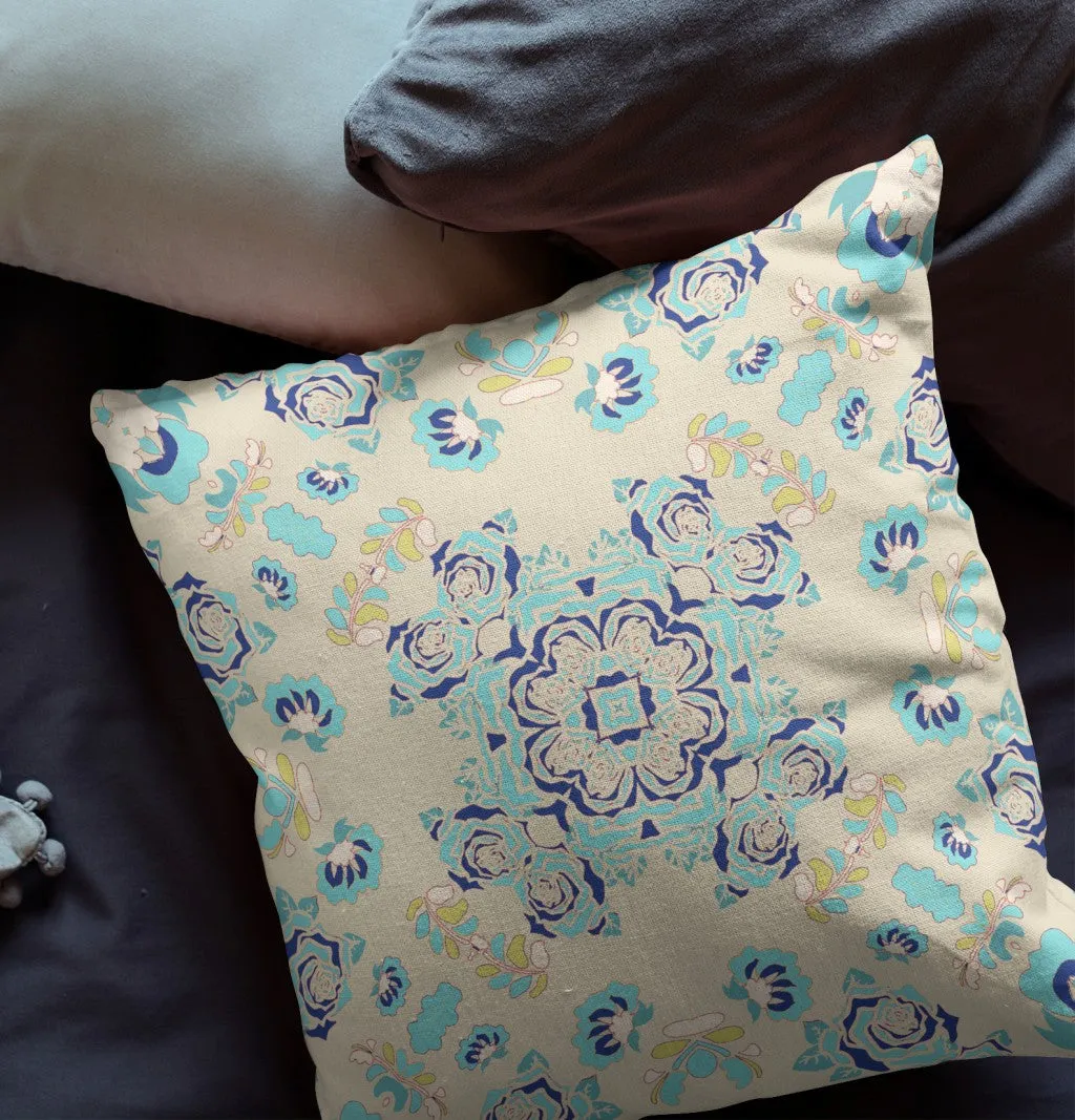 26” Blue Beige Wreath Indoor Outdoor Zippered Throw Pillow