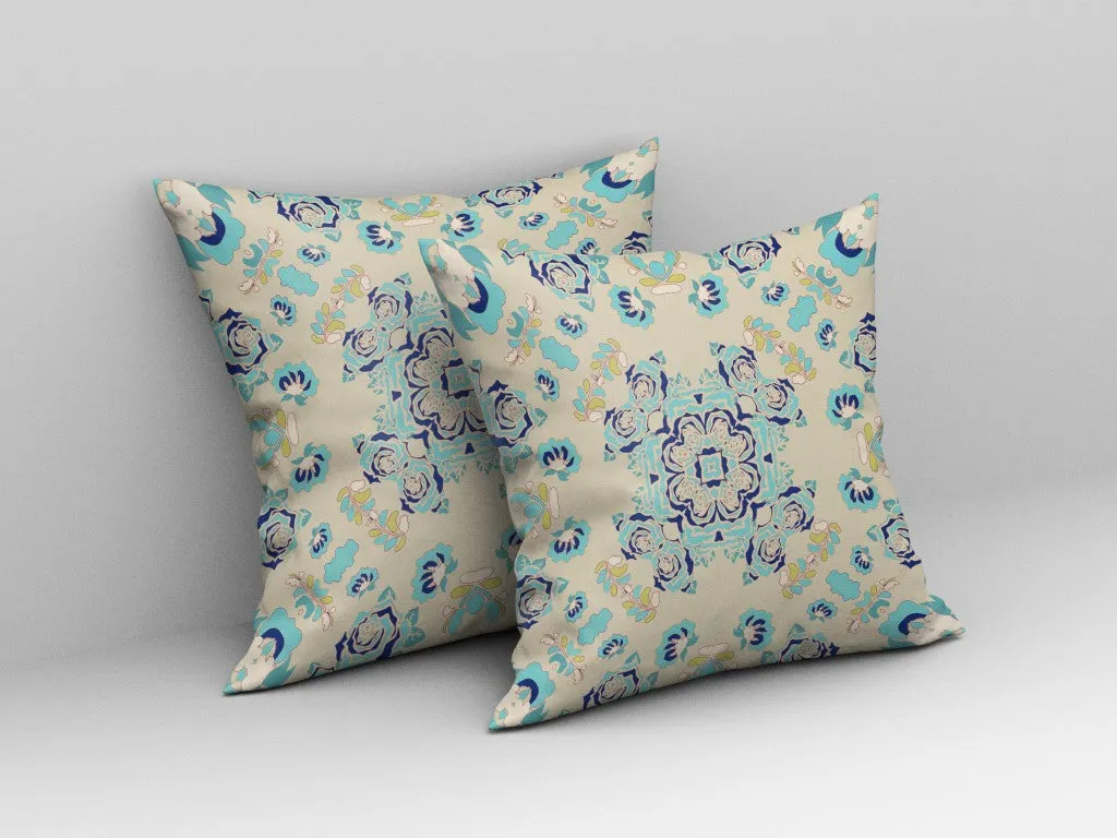 26” Blue Beige Wreath Indoor Outdoor Zippered Throw Pillow