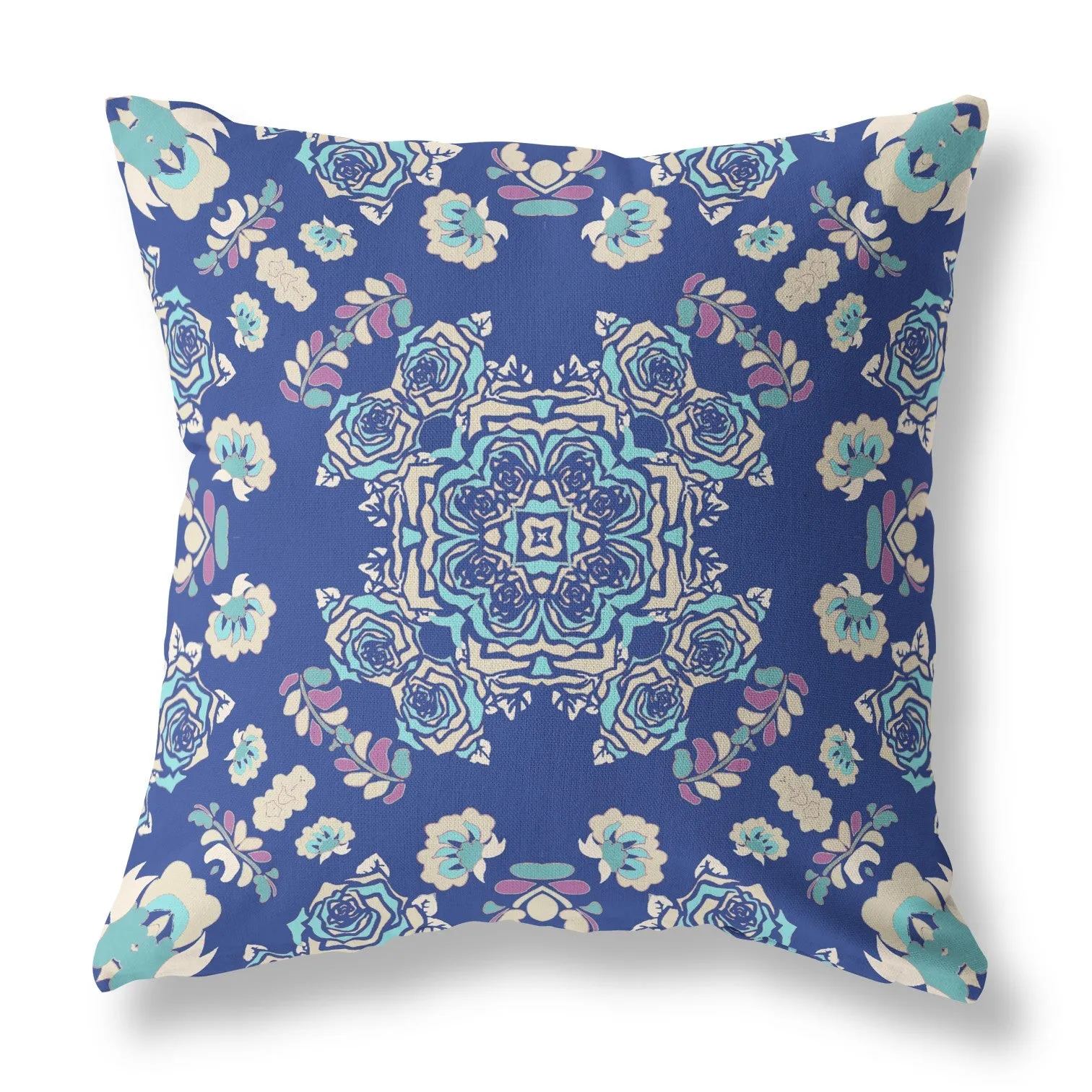26” Blue Cream Wreath Indoor Outdoor Zippered Throw Pillow