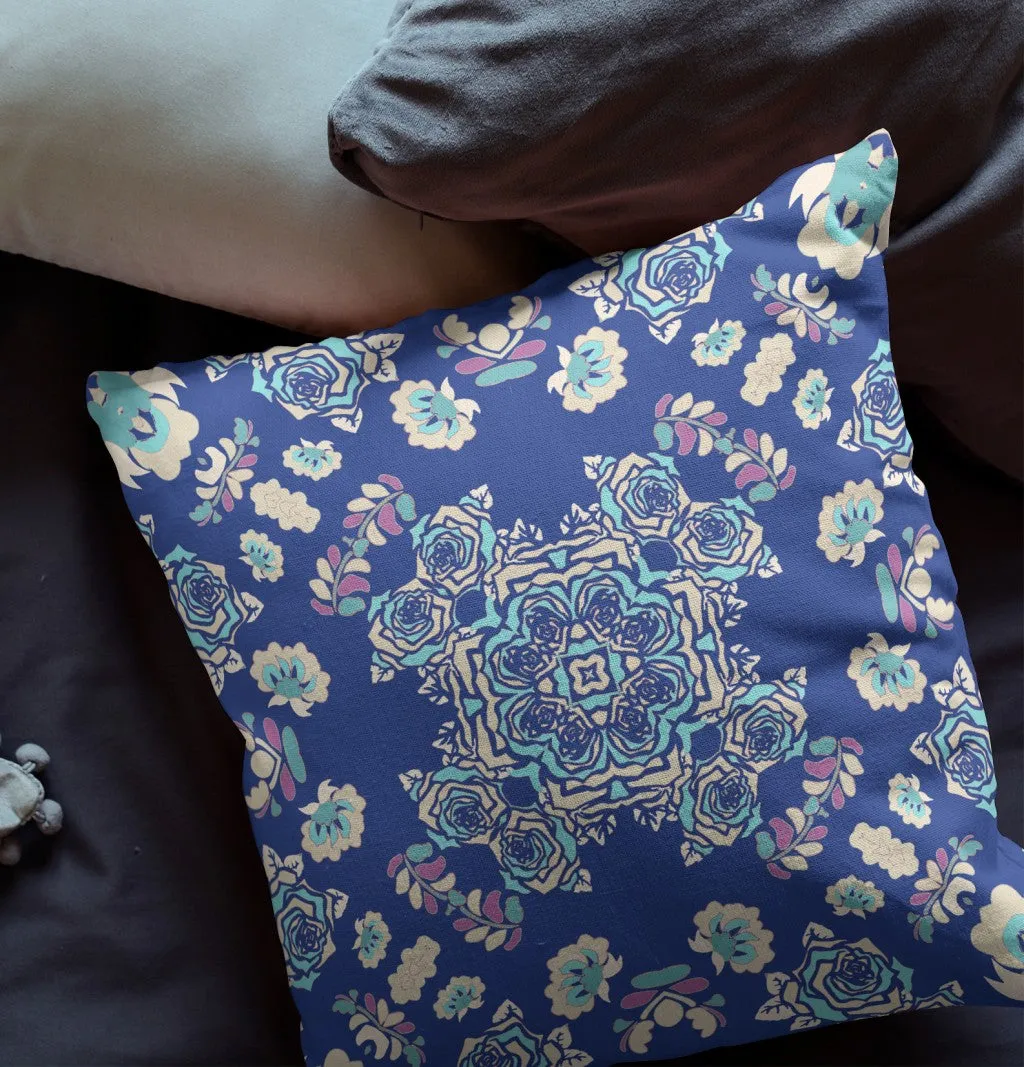 26” Blue Cream Wreath Indoor Outdoor Zippered Throw Pillow