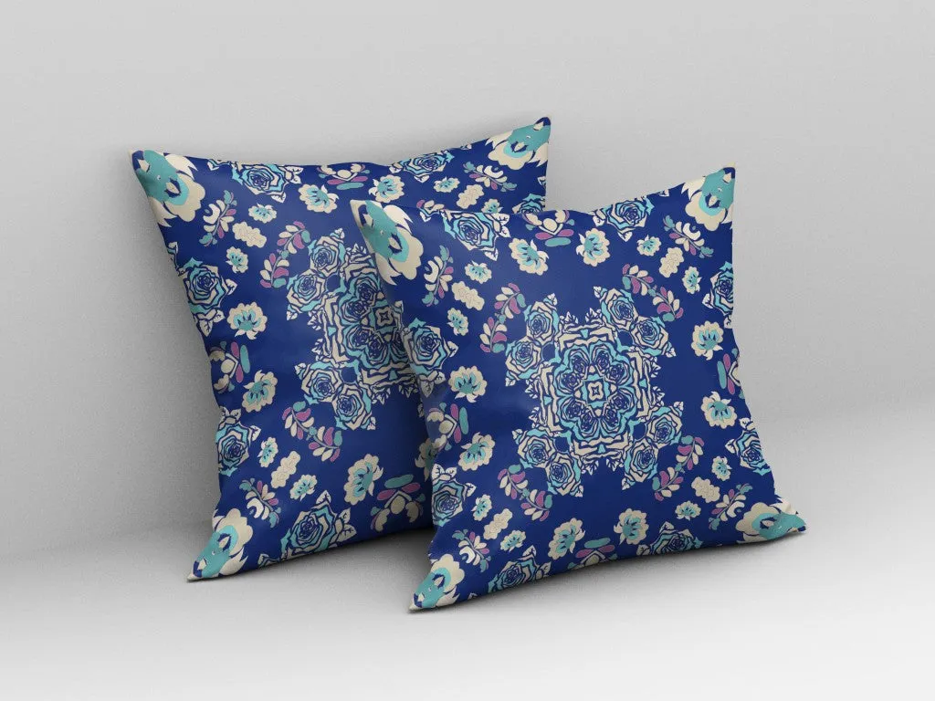 26” Blue Cream Wreath Indoor Outdoor Zippered Throw Pillow