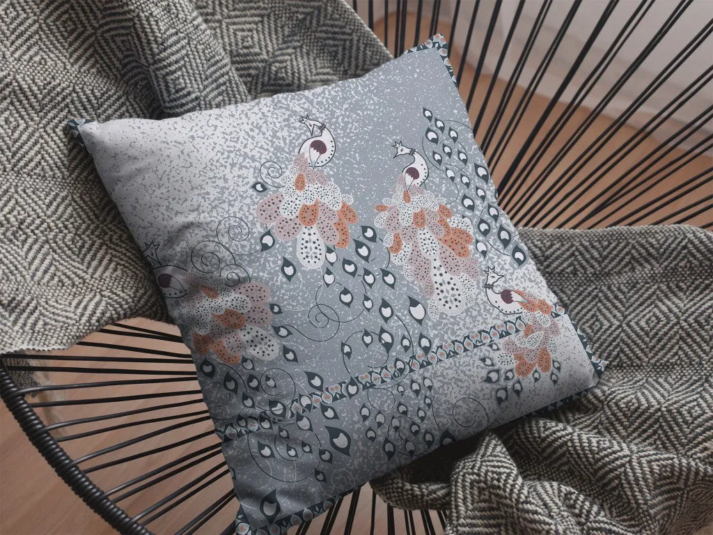 26” Gray Orange Boho Bird Indoor Outdoor Zippered Throw Pillow