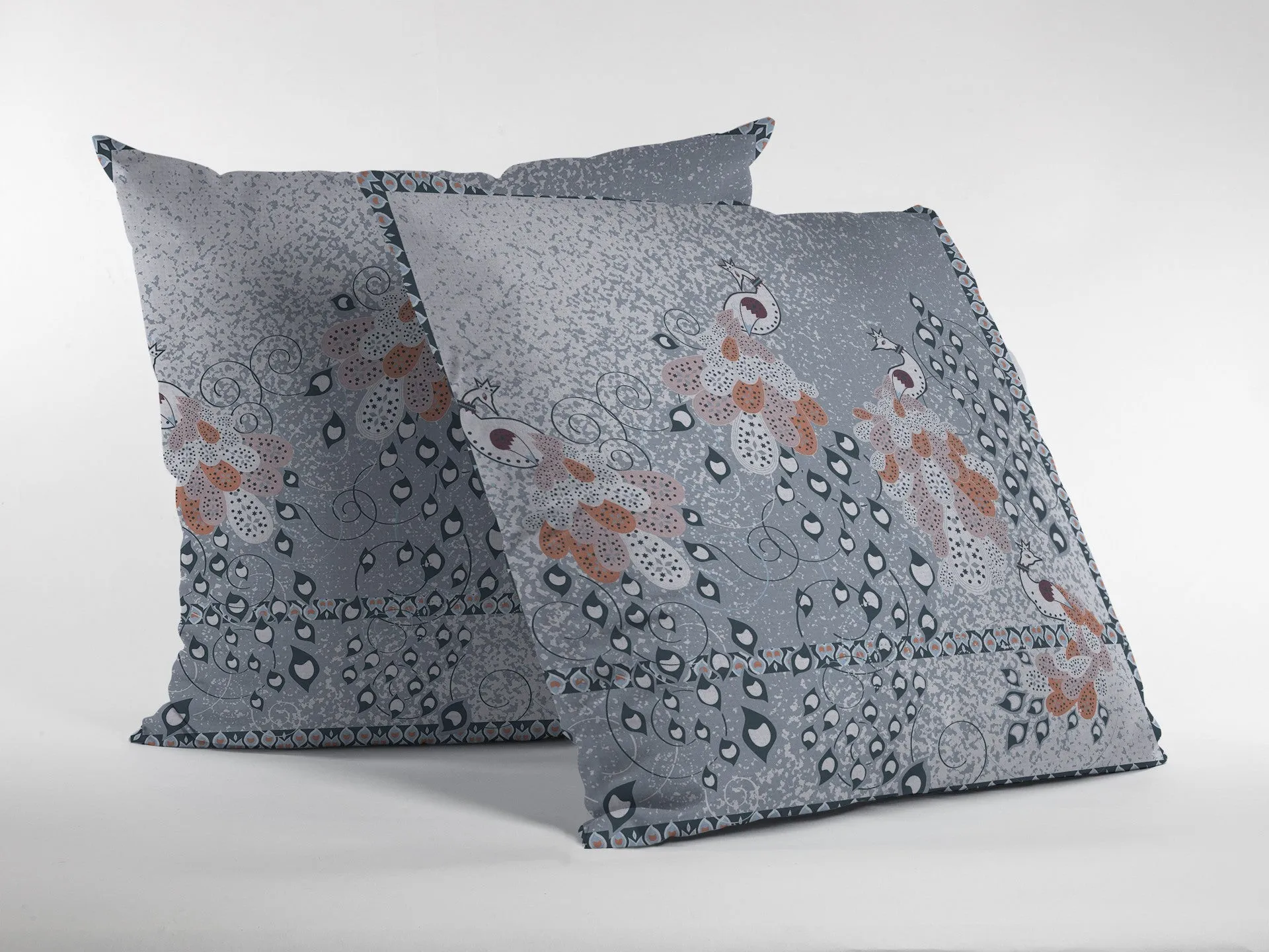 26” Gray Orange Boho Bird Indoor Outdoor Zippered Throw Pillow