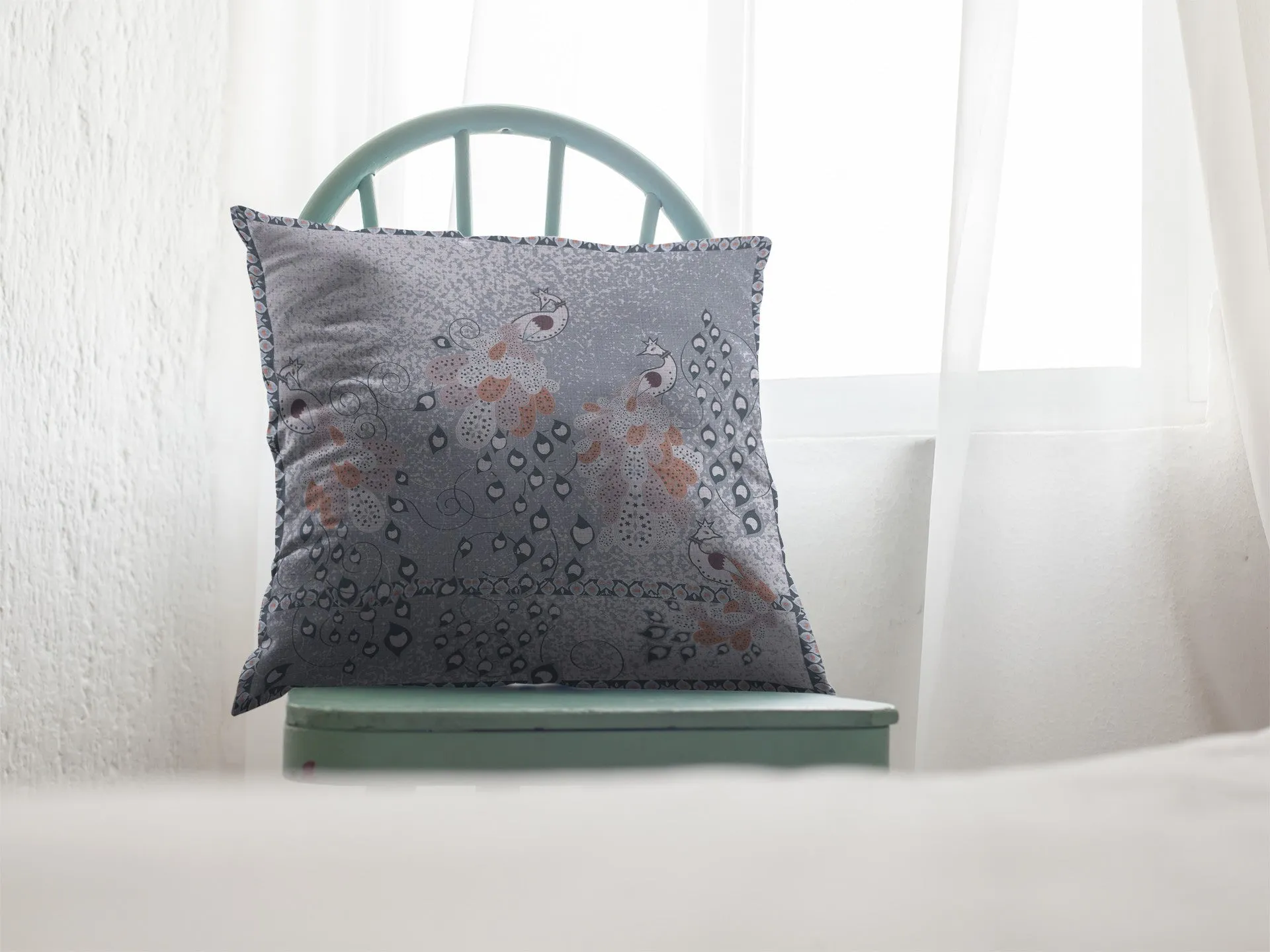 26” Gray Orange Boho Bird Indoor Outdoor Zippered Throw Pillow