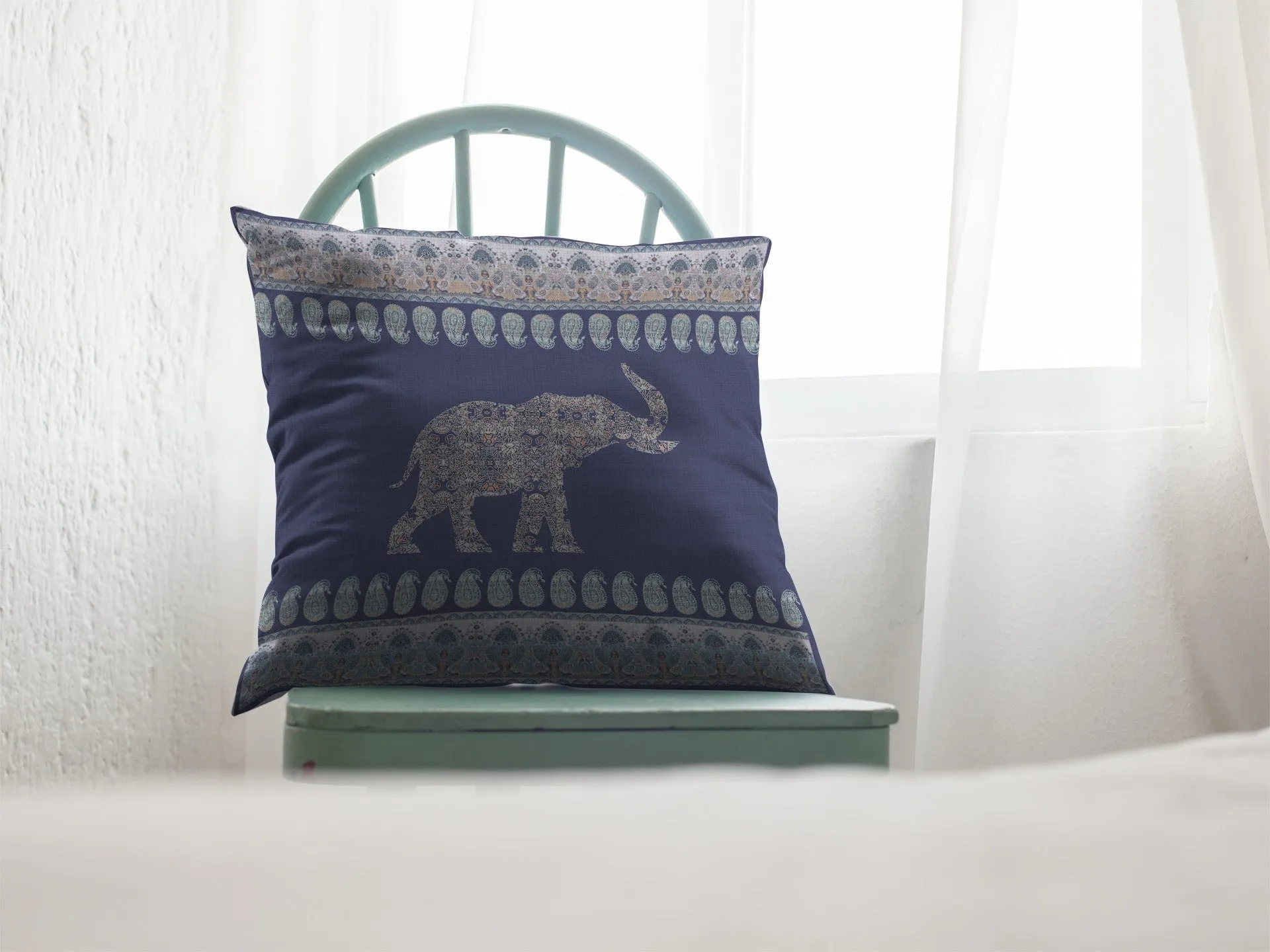 26” Navy Ornate Elephant Indoor Outdoor Throw Pillow