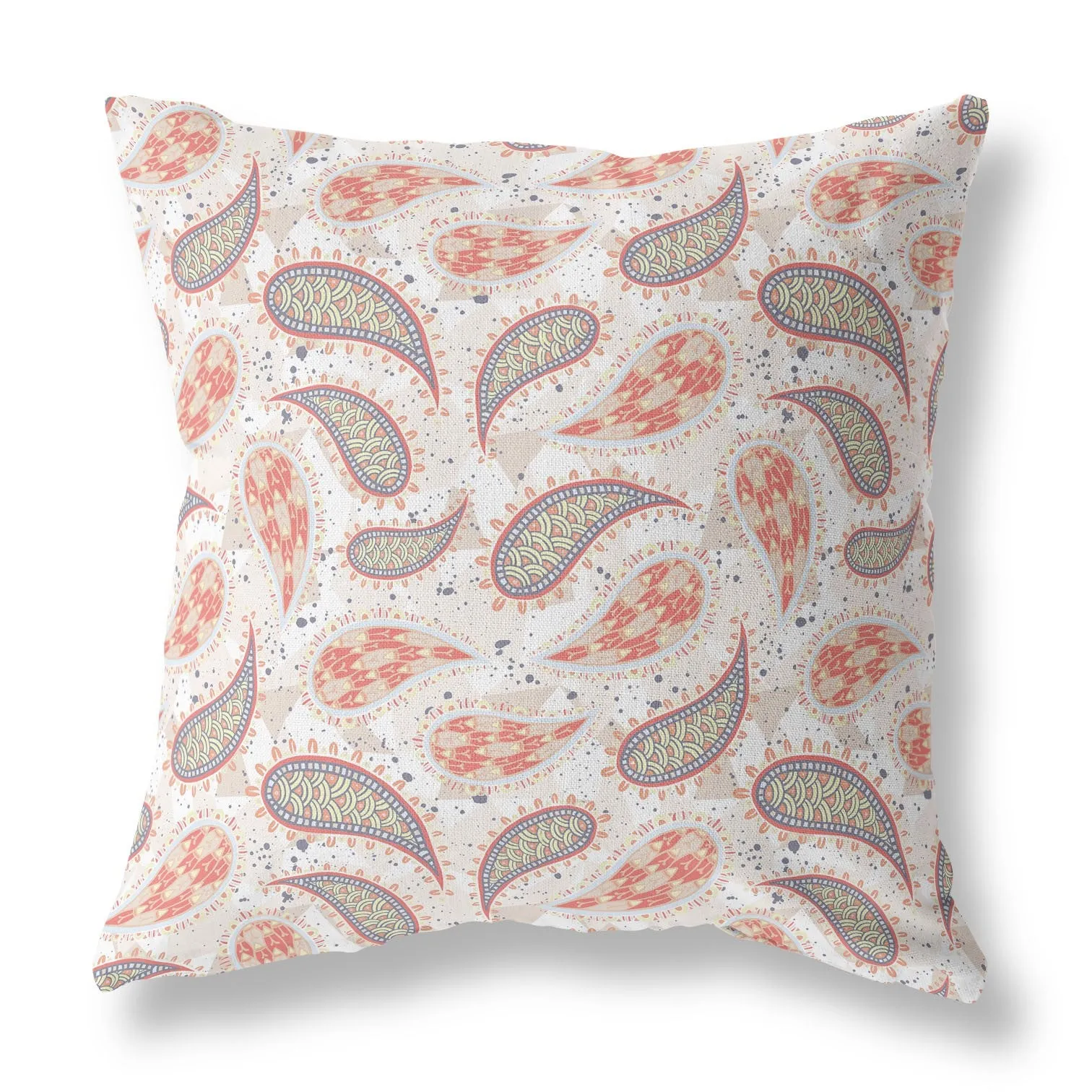 26” Red Beige Boho Paisley Indoor Outdoor Throw Pillow