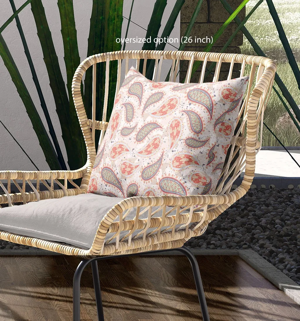 26” Red Beige Boho Paisley Indoor Outdoor Throw Pillow