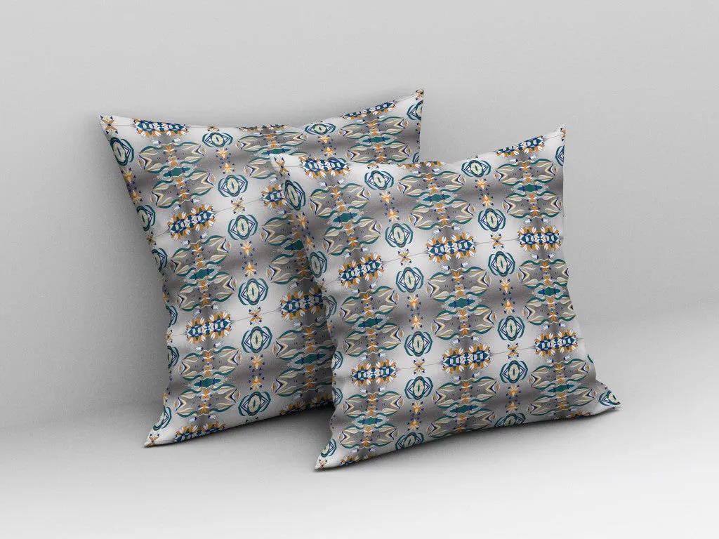 26” White Brown Patterned Indoor Outdoor Zippered Throw Pillow