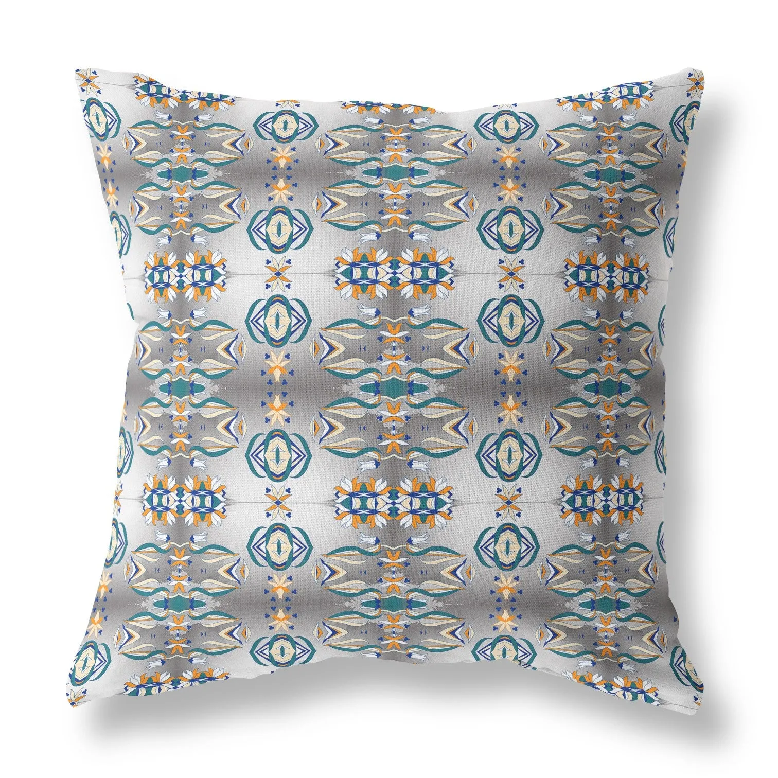 26” White Brown Patterned Indoor Outdoor Zippered Throw Pillow