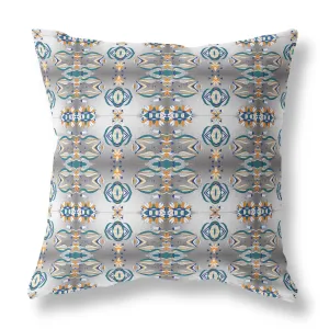 26” White Brown Patterned Indoor Outdoor Zippered Throw Pillow