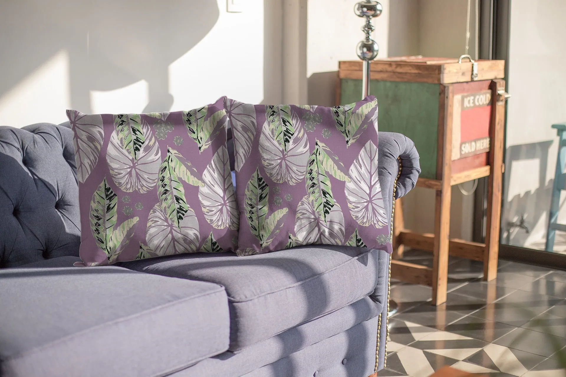 26” White Purple Tropical Leaf Indoor Outdoor Zippered Throw Pillow