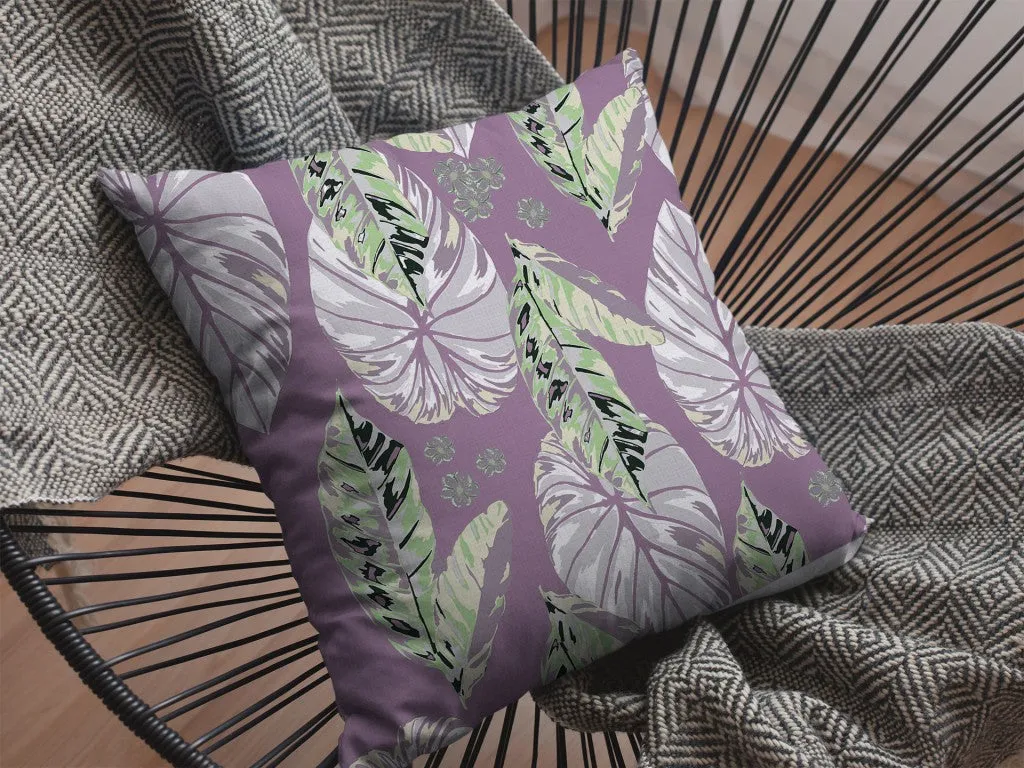 26” White Purple Tropical Leaf Indoor Outdoor Zippered Throw Pillow