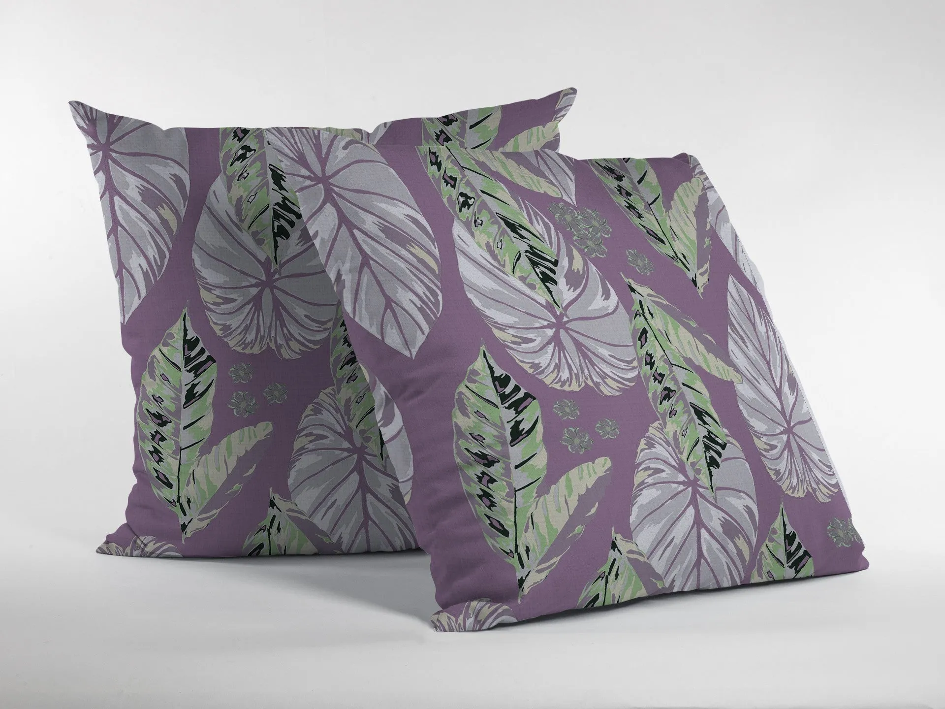 26” White Purple Tropical Leaf Indoor Outdoor Zippered Throw Pillow