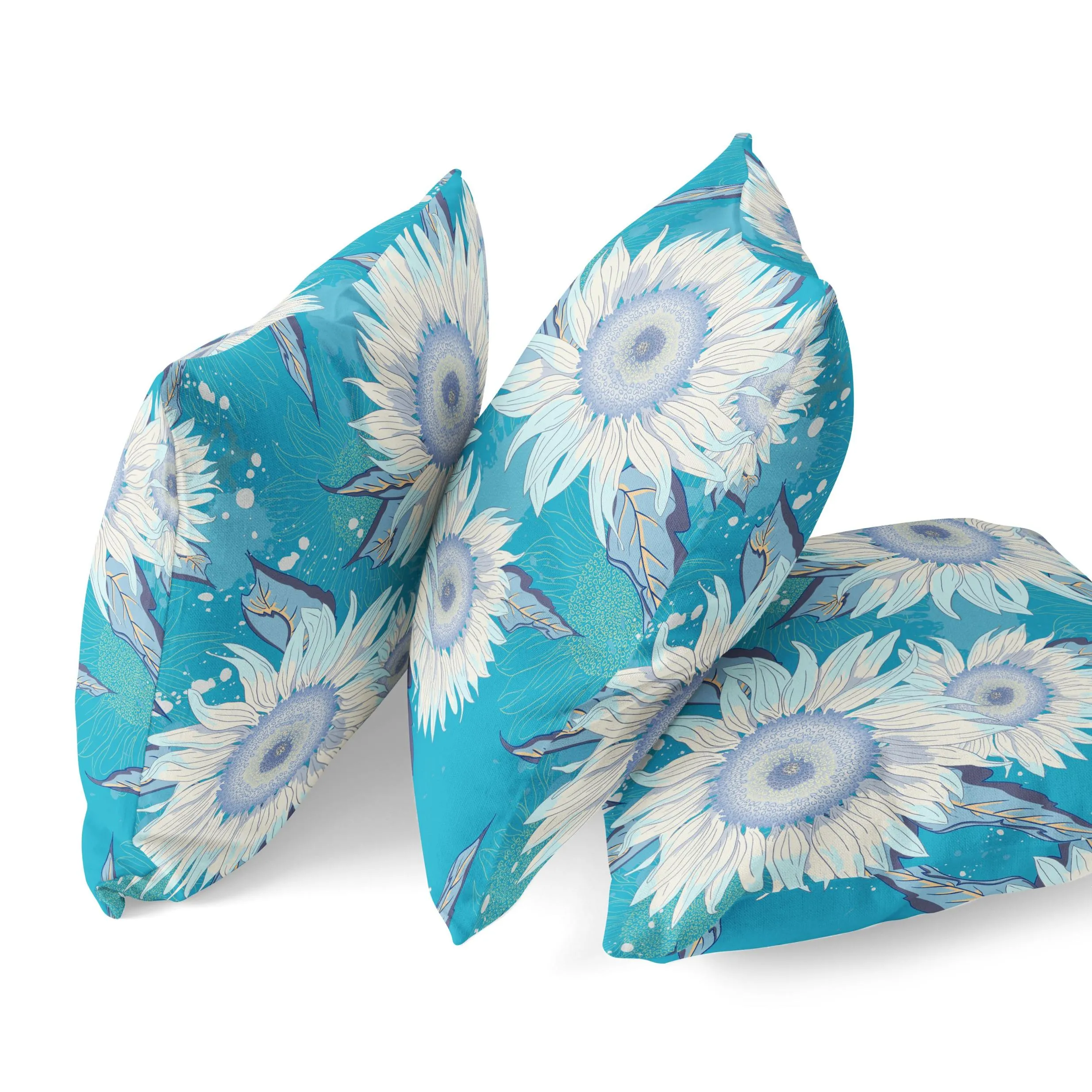 26" Aqua White Sunflower Indoor Outdoor Zippered Throw Pillow