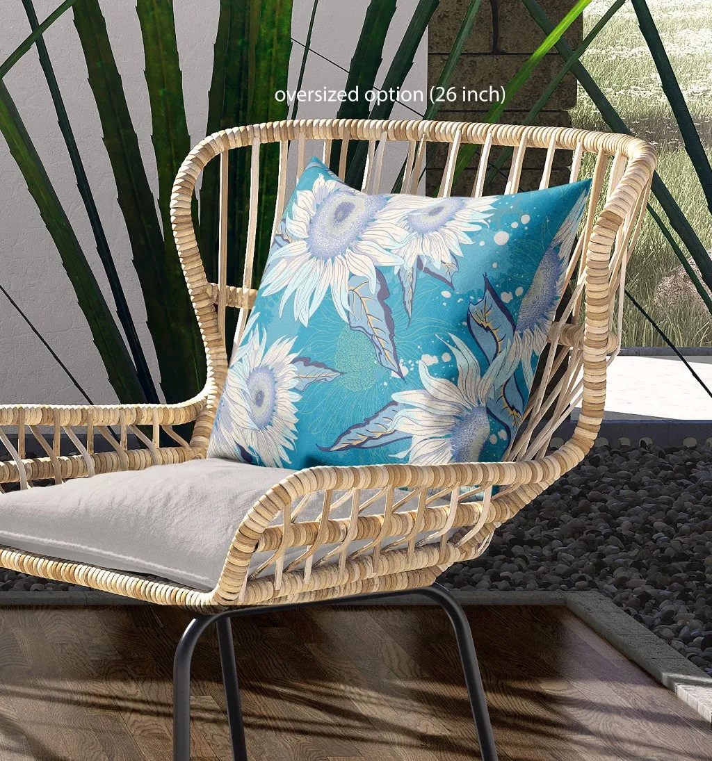 26" Aqua White Sunflower Indoor Outdoor Zippered Throw Pillow