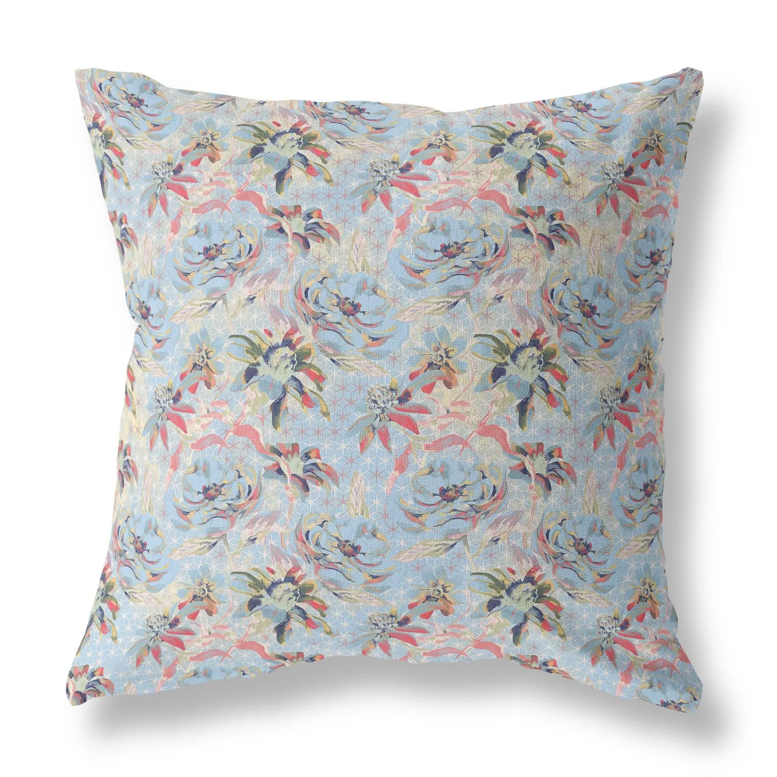 28” Light Blue Red Roses Indoor Outdoor Throw Pillow