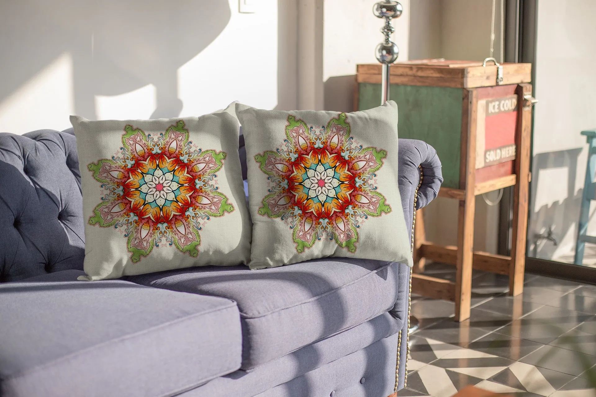 28" Orange Green Mandala Indoor Outdoor Throw Pillow