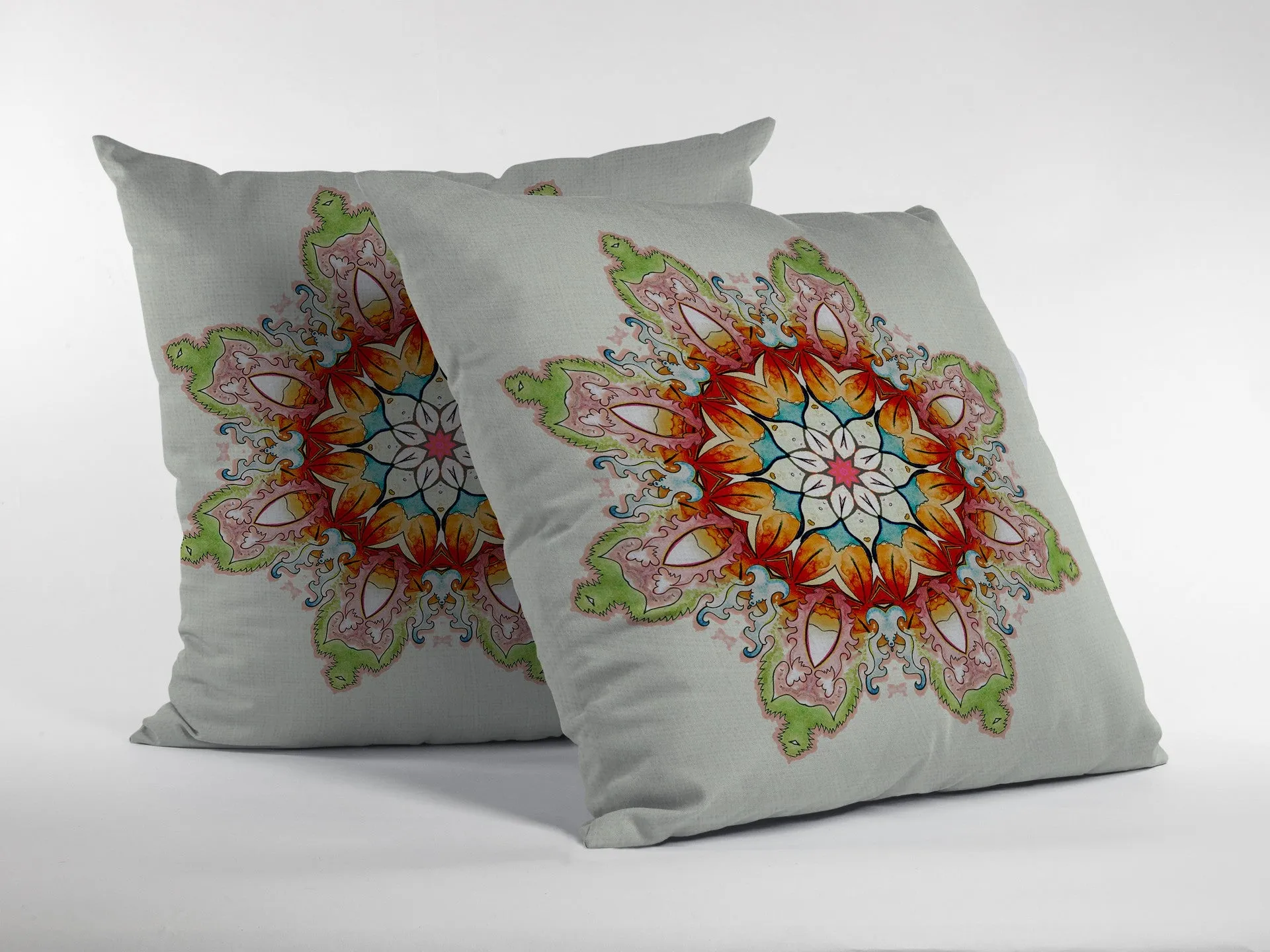 28" Orange Green Mandala Indoor Outdoor Throw Pillow