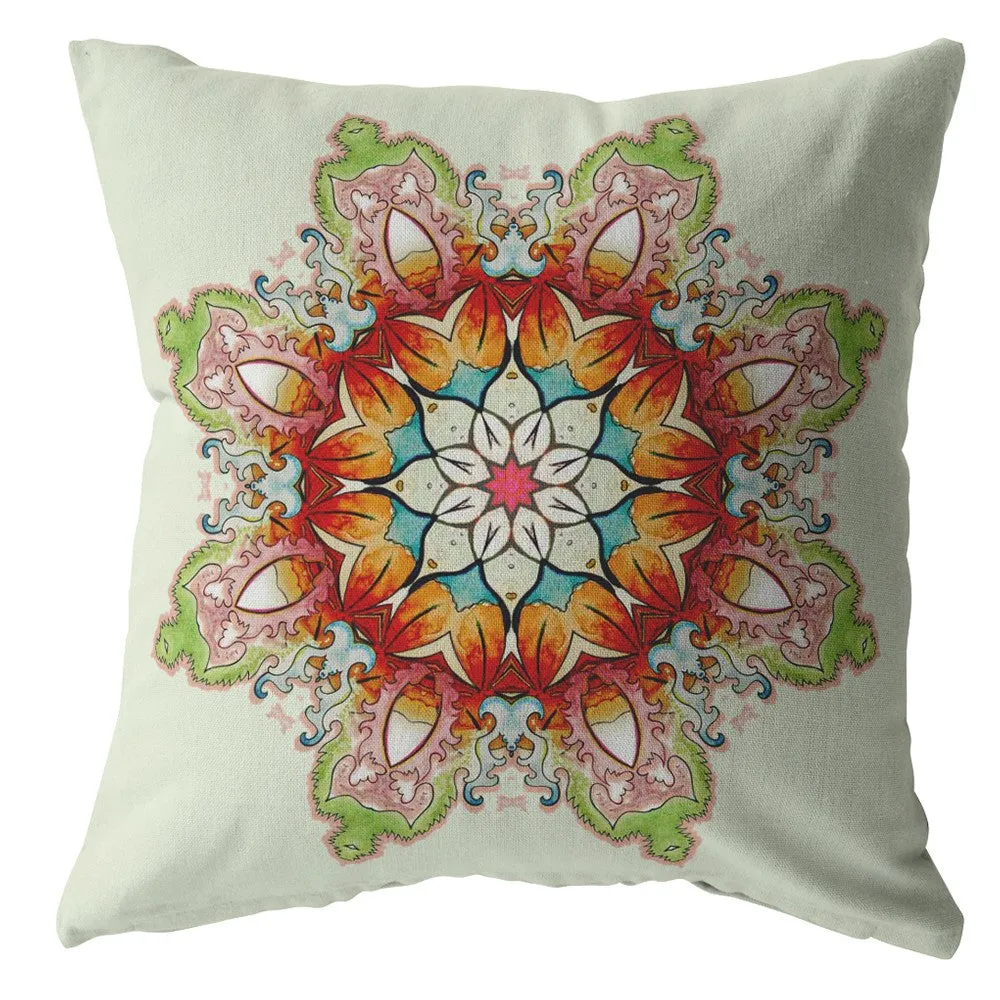 28" Orange Green Mandala Indoor Outdoor Throw Pillow