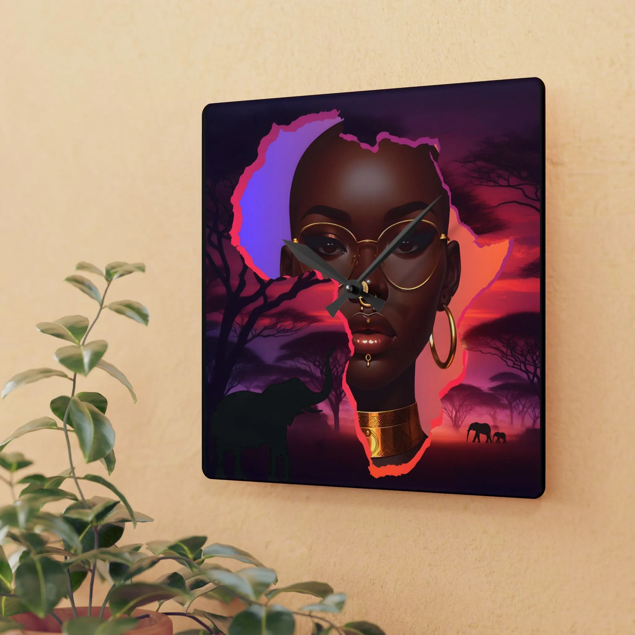 African Sunset Acrylic Wall Clock - Modern Home Decor with Inspirational Woman Design