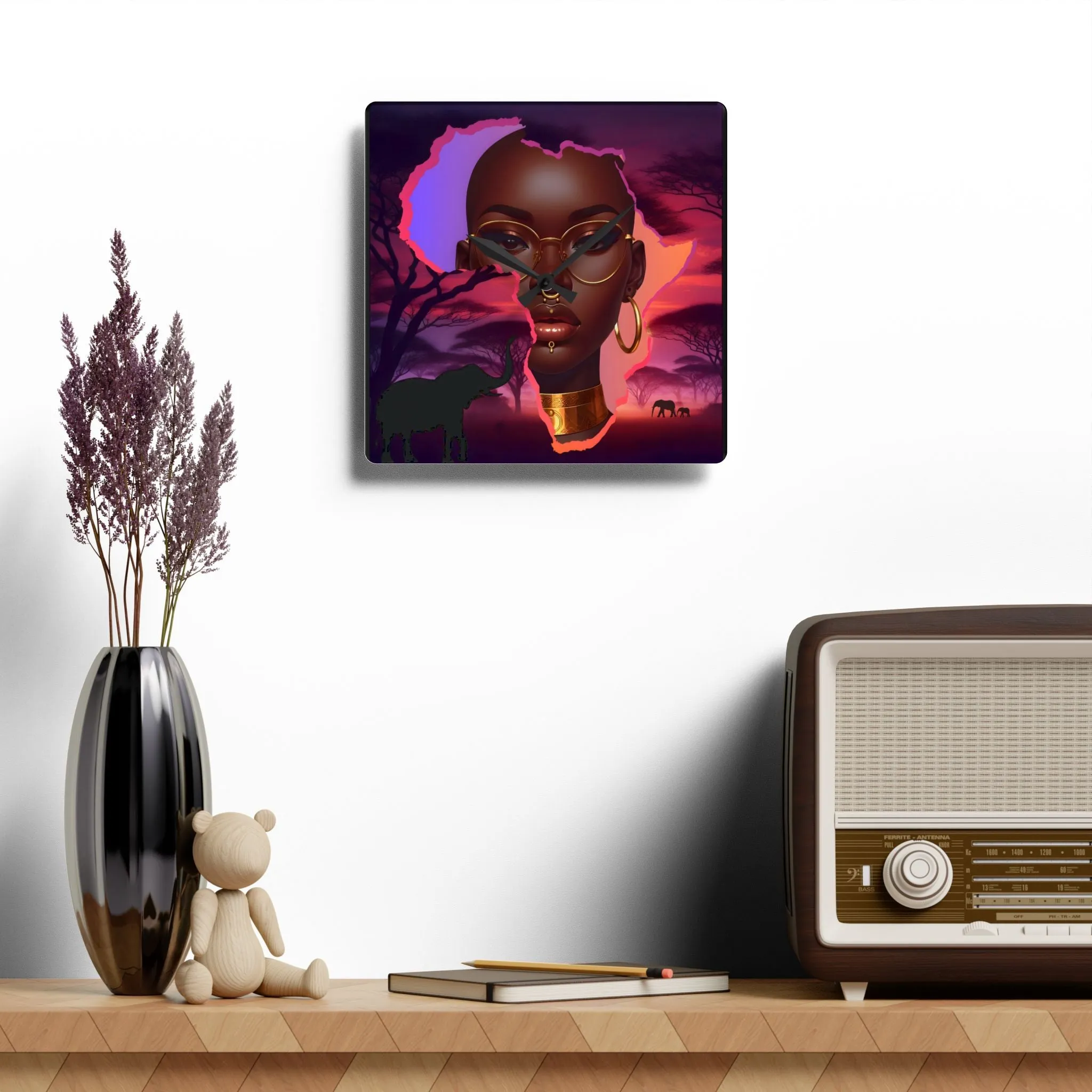 African Sunset Acrylic Wall Clock - Modern Home Decor with Inspirational Woman Design