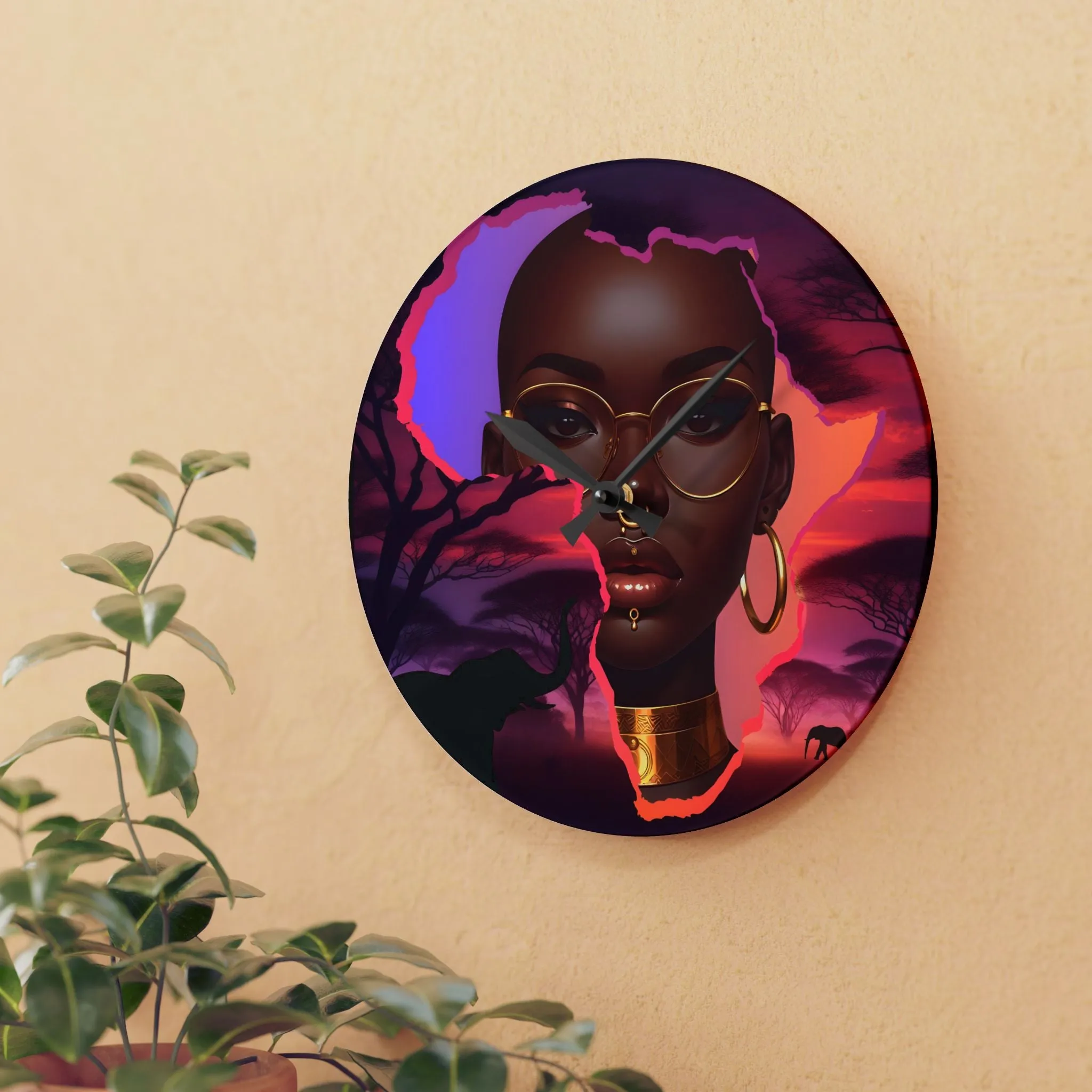 African Sunset Acrylic Wall Clock - Modern Home Decor with Inspirational Woman Design