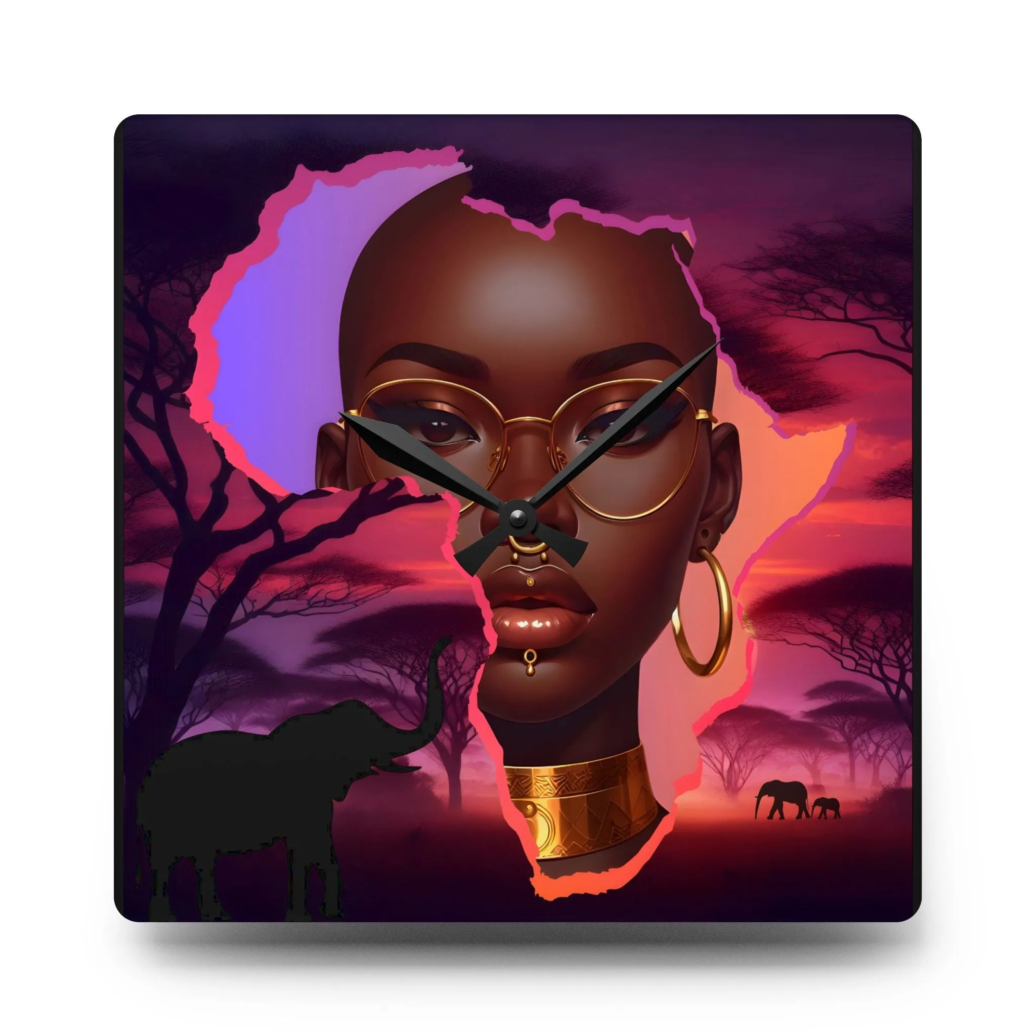 African Sunset Acrylic Wall Clock - Modern Home Decor with Inspirational Woman Design