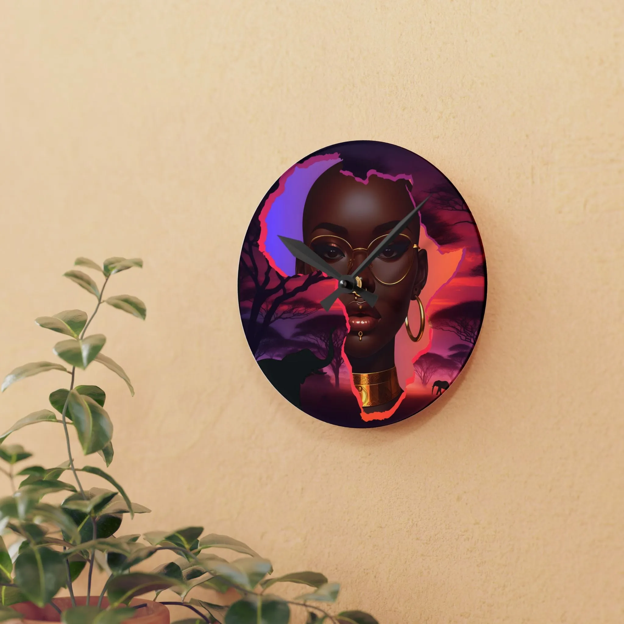 African Sunset Acrylic Wall Clock - Modern Home Decor with Inspirational Woman Design