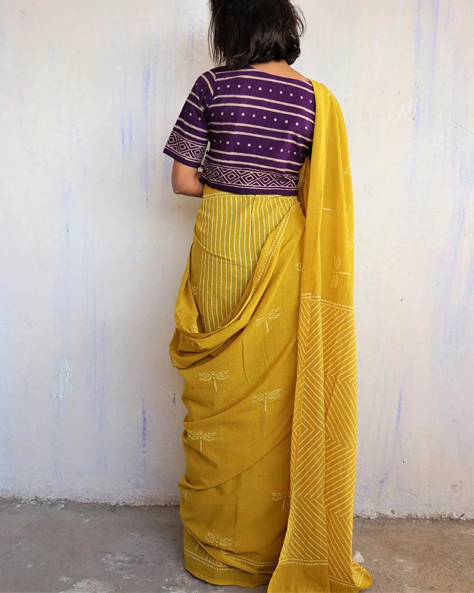 Aponi Hand Blockprinted Cotton Saree - Butterfly Girls