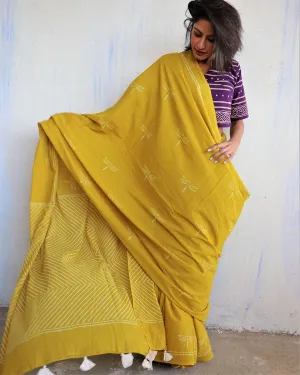 Aponi Hand Blockprinted Cotton Saree - Butterfly Girls