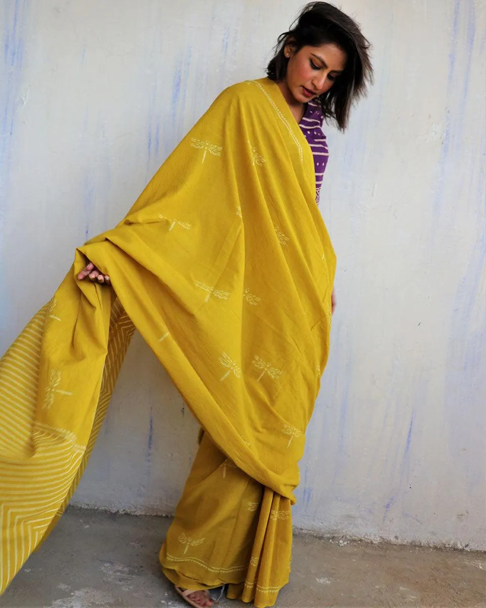Aponi Hand Blockprinted Cotton Saree - Butterfly Girls