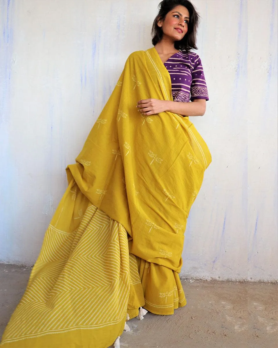 Aponi Hand Blockprinted Cotton Saree - Butterfly Girls